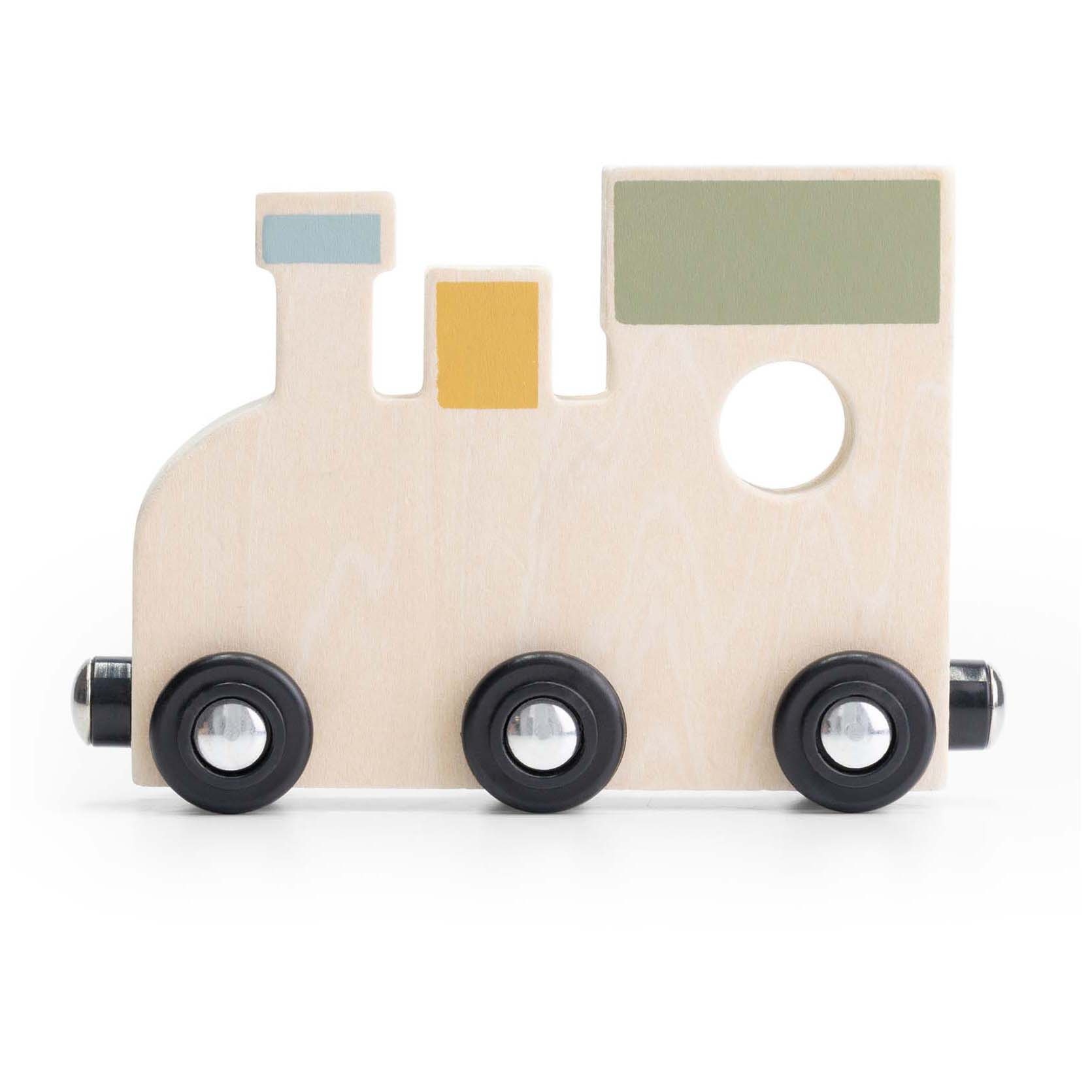 Prénatal houten namentrein locomotief